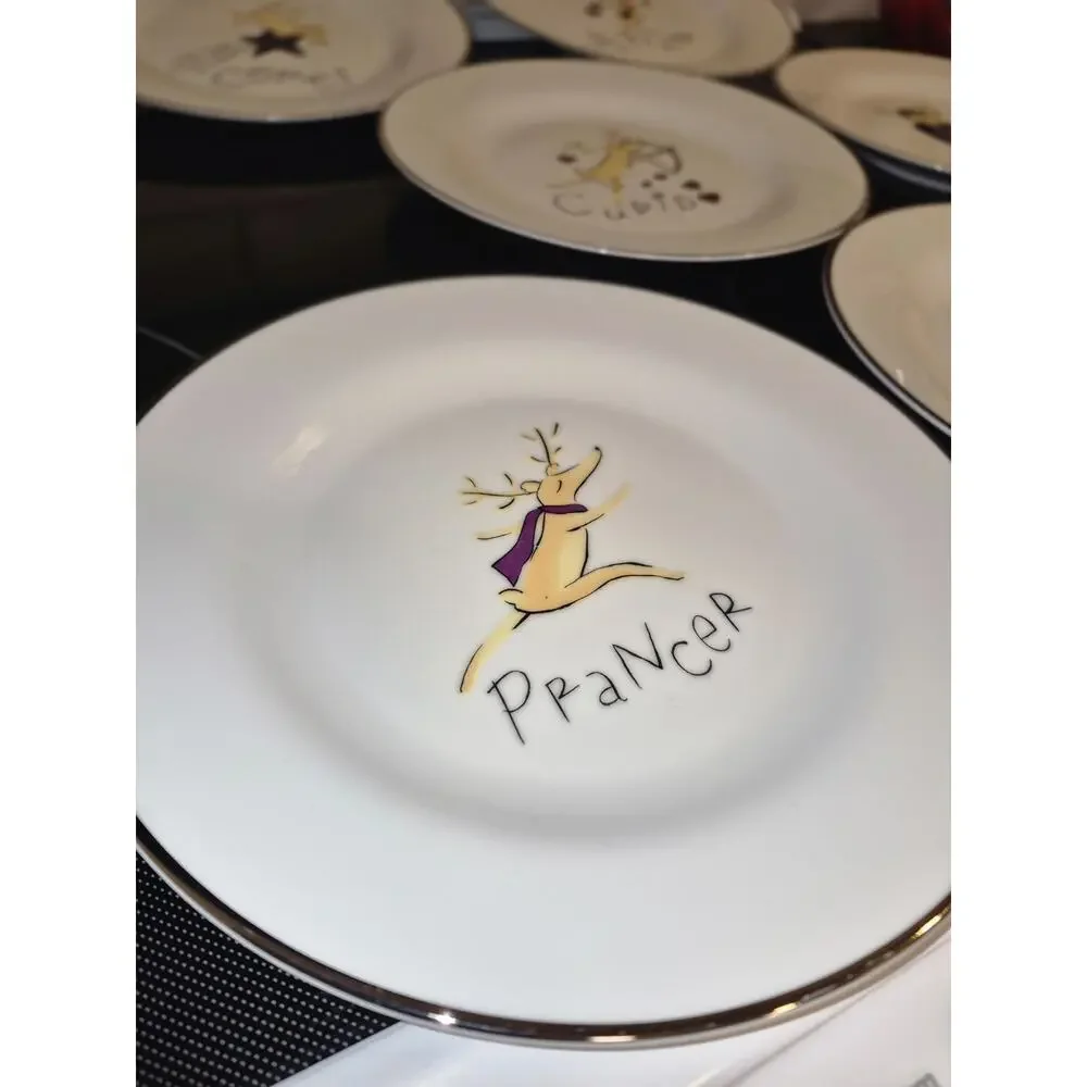 💥 Pottery Barn Reindeer Complete Set of 8 Salad Plates Christmas